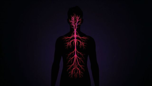 Neon neural and vascular network revealing male silhouette on dark gradient background