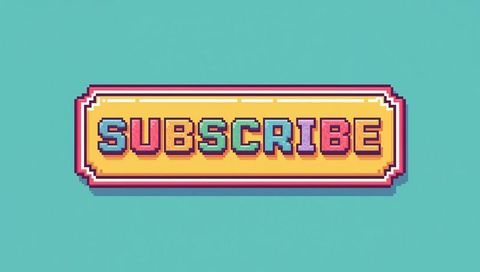 Retro pixel subscribe button with 8-bit arcade style bold blocky vibrant call-to-action