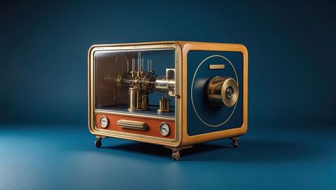 Steampunk-inspired industrial apparatus with brass gears and pistons