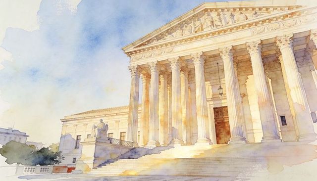 Sunlit neoclassical facade with corinthian columns and wide staircase in watercolor