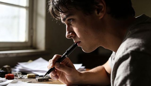 Focused young man studying by window with pen and scattered papers on wooden desk, reflective