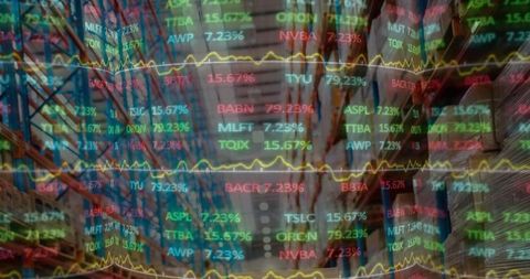 Stock Market Analytics Overlaying Modern Warehouse Shelving