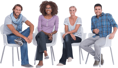 Diverse Group of Stylish People on Transparent Chairs Smiling