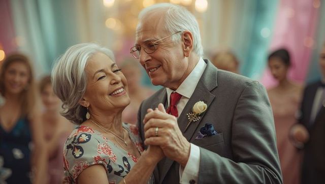 Elegant senior couple dancing at festive celebration