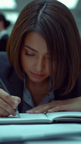 Businesswoman writing in notebook steadying page vertical video for office productivity