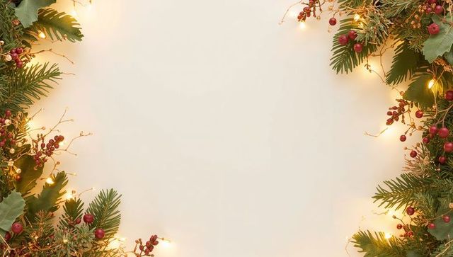 Evergreen border framing pale cream card with holly leaves, red berries and warm lights