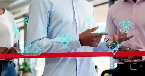 Cutting red ribbon for tech launch with holographic cloud, wifi and location icons