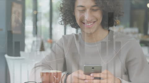 Young Man Analyzing Data on Smartphone in Urban Café