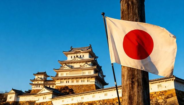 Waving hinomaru flag beside historic japanese castle at golden hour