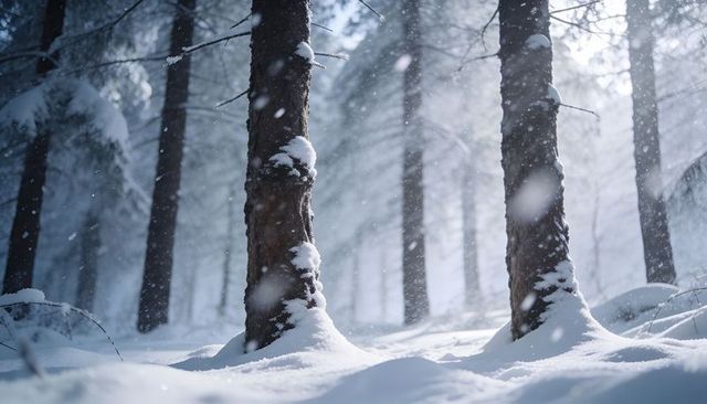 Conifer trunks receiving drifting snow on sunlit forest slope, backlit winter haze