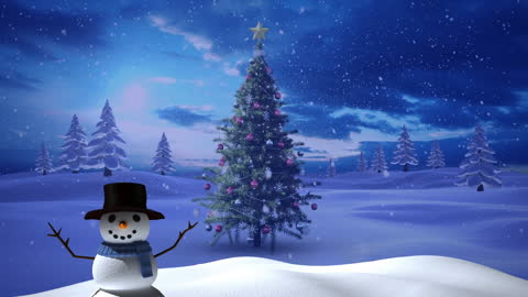 Festive Snowy Landscape with Decorated Tree and Snowman