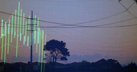 Suburban dusk skyline with utility poles and power lines overlaid by candlestick market chart