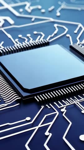 Vertical video tilting over microchip on blue PCB with white circuit traces and solder pads