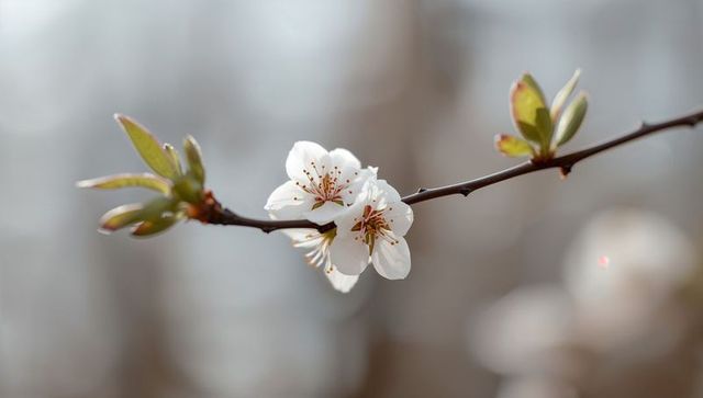 Delicate white plum blossoms on slender branch with fresh green buds and soft bokeh