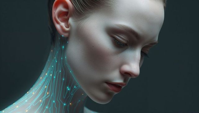 Tilting female portrait with glowing circuit neck, wearing stud, minimalist cybernetic futurism