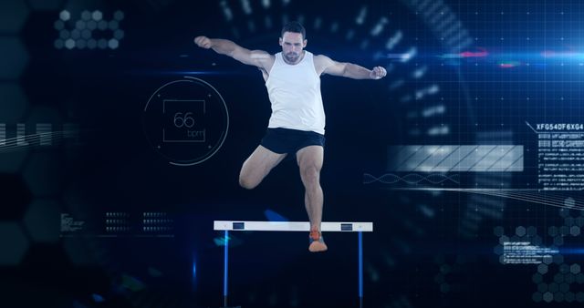 Male Athlete in White Tank Top Jumping Over Hurdle with Digital Interface - Download Free Stock Images Pikwizard.com