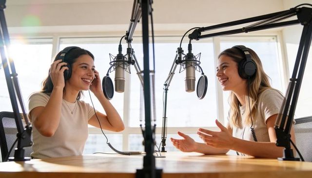 Two cohosts recording engaging podcast in sunlit studio with professional microphones