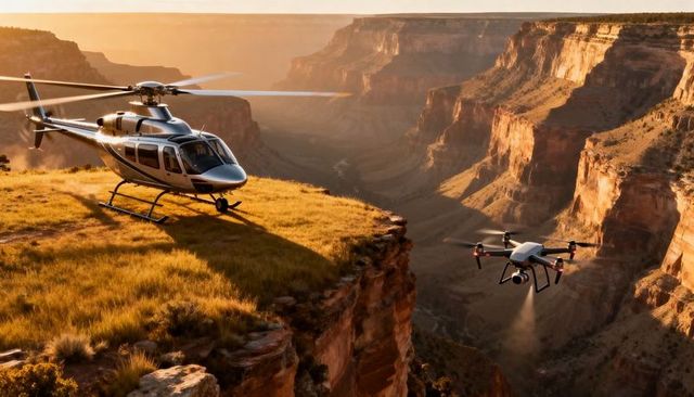 Helicopter and drone hovering over golden canyon rim at sunset, scenic aerial exploration