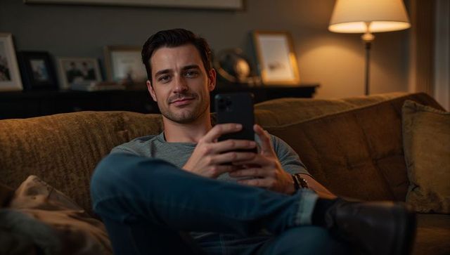 Young man relaxing on sofa using smartphone in cozy evening living room