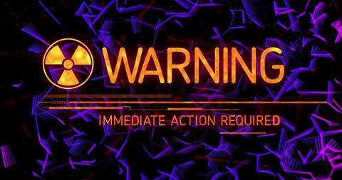 Displaying central warning alert with trefoil radiation symbol on neon holographic hud