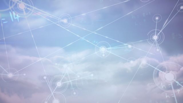 Digital animation showing interconnected nodes and mathematical equations against a bright, cloudy sky backdrop. Ideal for illustrating global communication, technology networks, data processing concepts, cloud computing, scientific research, and internet connectivity.