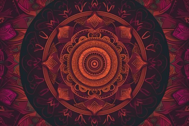 Orange and purple mandala design on dark background, created using generative ai technology. Colour, pattern, design, symbol and spirituality concept digitally generated image.
