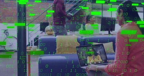 Working in coworking lounge with laptop video call, binary code overlay, collaboration