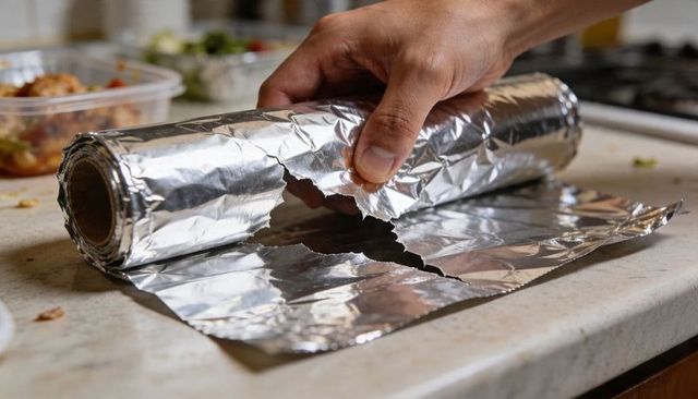 Tearing aluminum foil roll on kitchen countertop closeup hand pulling sheet