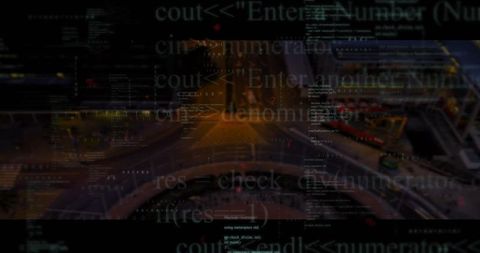 Futuristic c++ code overlay on nighttime highway ramps