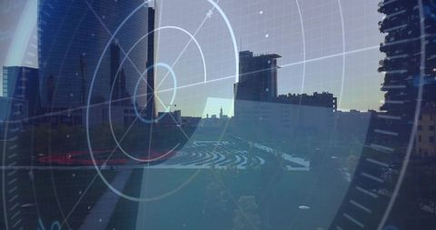 Radar interface overlay reflecting on glass facade with urban skyline and plaza at dusk