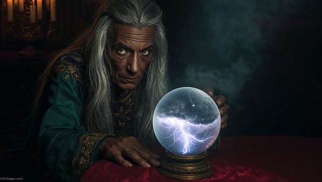 Elderly mystic studying crystal ball with lightning in candlelit parlor, emerald robe