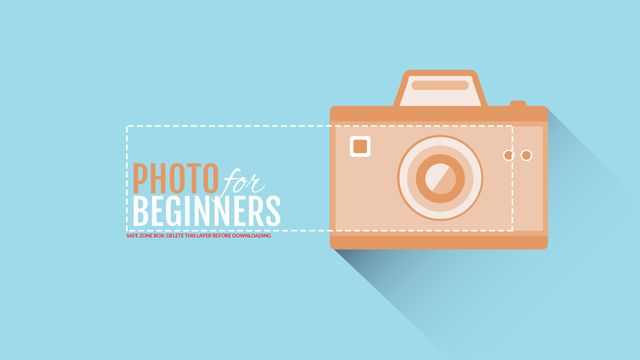 A promotional graphic for photography tutorials intended for beginners, featuring a simple camera icon on a blue background. Ideal for educational websites, online courses, promotional materials, social media posts, and advertising campaigns targeting new photographers.