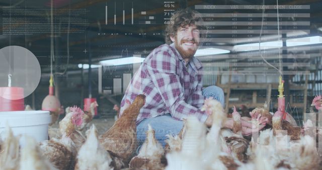 Smiling Farmer with Chickens Surrounded by Data Graphics in Barn - Download Free Stock Images Pikwizard.com