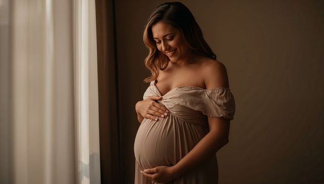 Pregnant woman cradling belly in beige maternity gown smiling by window with soft light