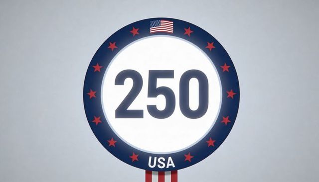 Usa 250 patriotic emblem with stars, flag ribbon and milestone badge