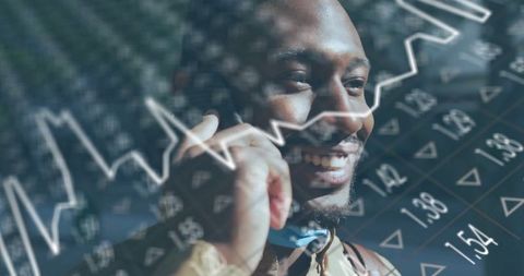 Smiling Professional Discussing Stocks on Smartphone with Market Data Overlay