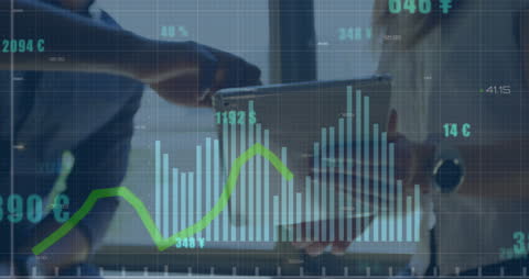 Coworkers Collaborating on Digital Tablet With Financial Graph Overlay