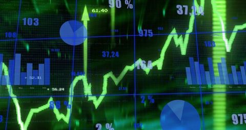 Trading dashboard showing neon green uptrend with blue bar charts and metrics