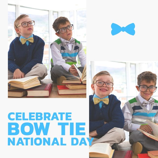 Collage of caucasian boys wearing bowties while studying at home and celebrate bow tie national day. Friendship, together, copy space, composite, education, eyeglasses, menswear, fashion, elegance.