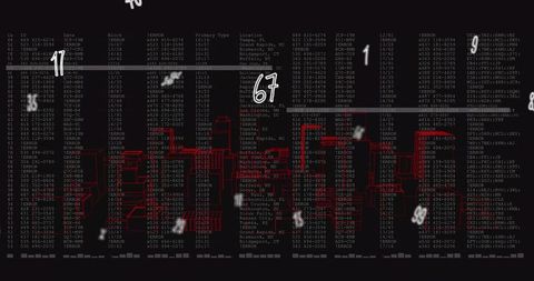 Red Wireframe Cityscape Rising Over Live Data Console with Neon Analytics