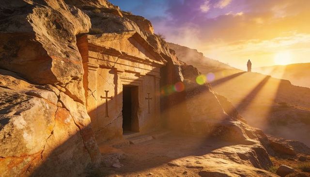 Sunrise illuminating ancient rock-cut tomb with carved crosses and solitary hooded figure