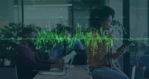 Dynamic Green Data Wave and Professionals in Modern Office