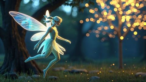 Ethereal fairy with translucent wings in enchanted forest