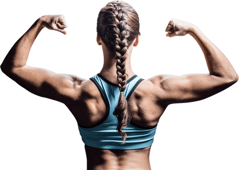 Transparent Muscular Woman Flexing with Braided Hair in Sportswear