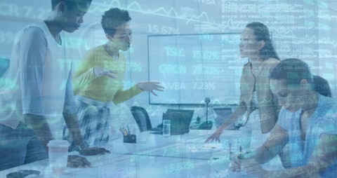 Team Analyzing Data with Digital Overlay Effect