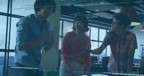 Diverse Coworkers Discussing at Futuristic Office With Tech Interface Overlay