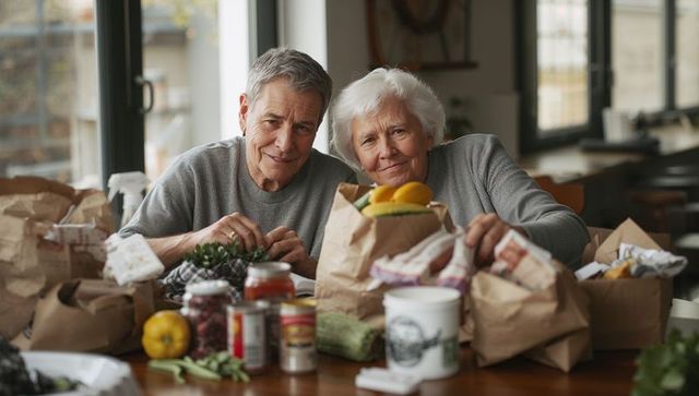 Senior couple unpacking groceries at kitchen table sharing quiet companionship and smiles