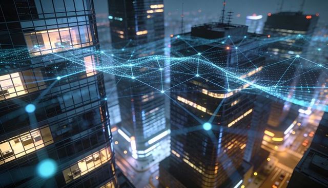Blue data mesh connecting downtown skyscrapers at night, futuristic urban network