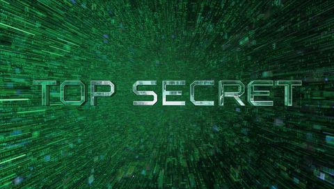 Top Secret neon text in green cyber tunnel with streaming code and futuristic data grid