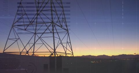 Financial Data Graphs Overlaying Urban Powerline and Sunset
